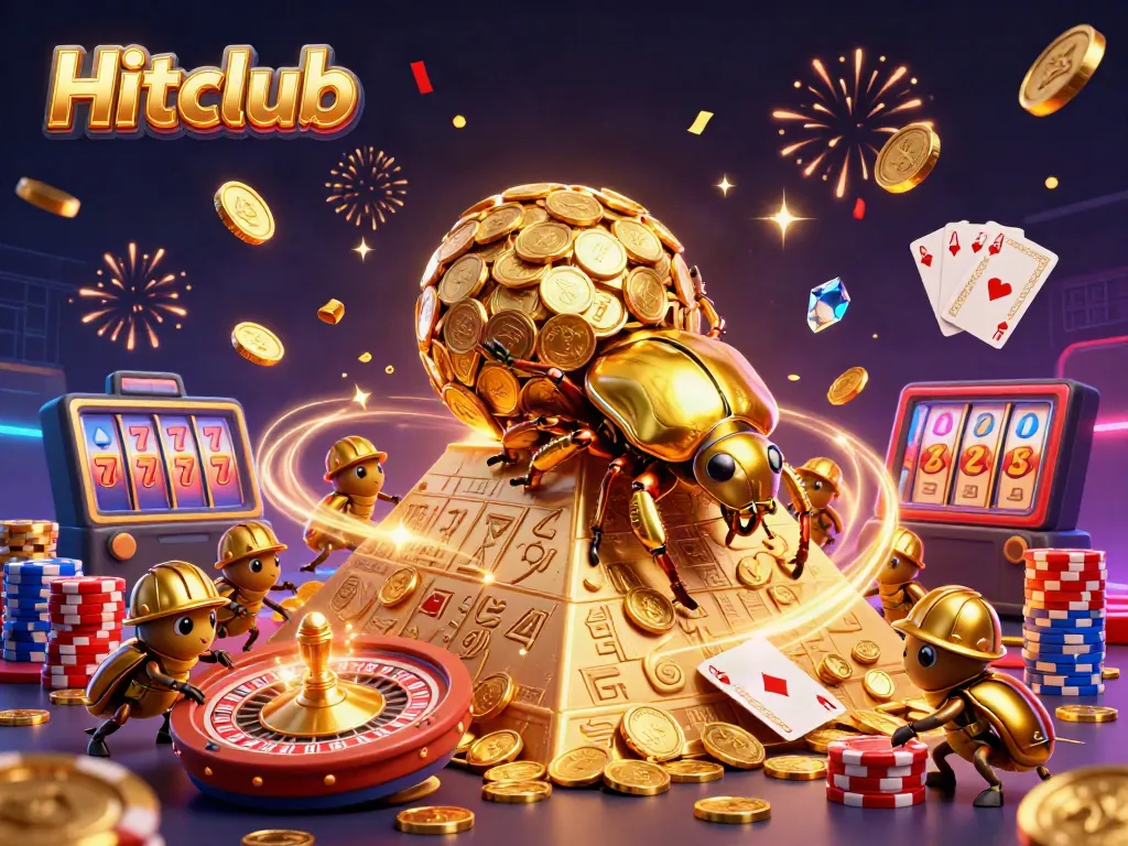 Experience gaming excitement with the Hitclub golden beetles amid flying coins and dynamic casino elements.