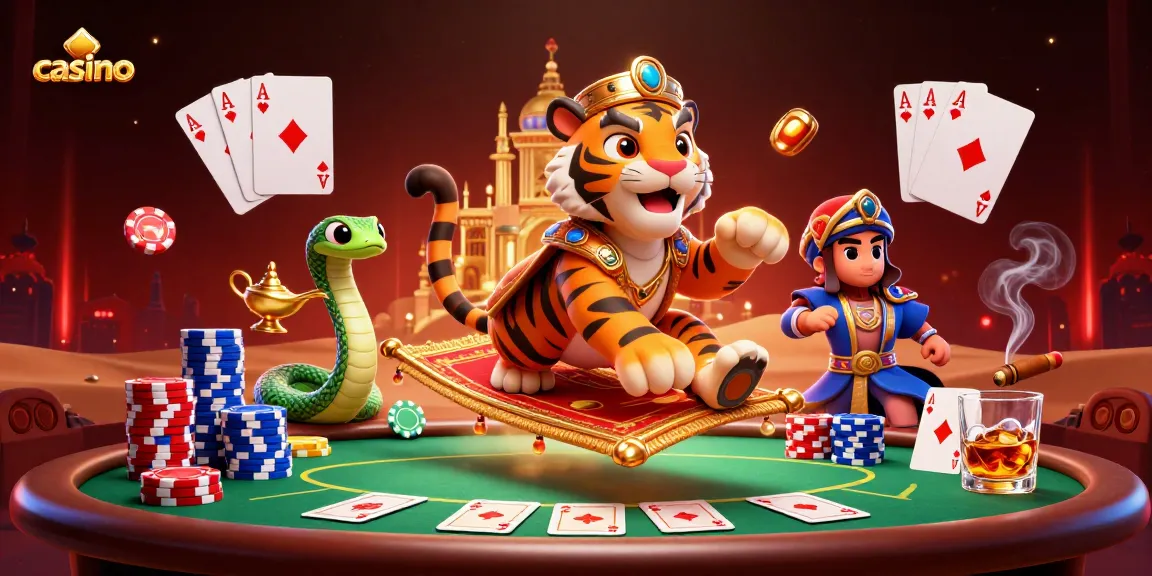 Engage in a vibrant casino scene with a tiger sultan and genie showcasing high-stakes cards.