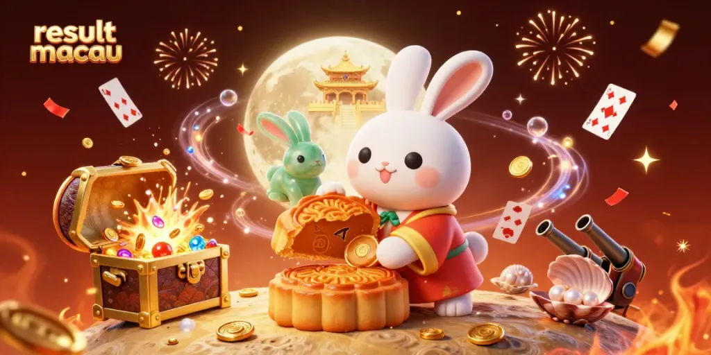 Experience thrilling results macau with a vibrant moon rabbit scene amidst card games and festive elements.