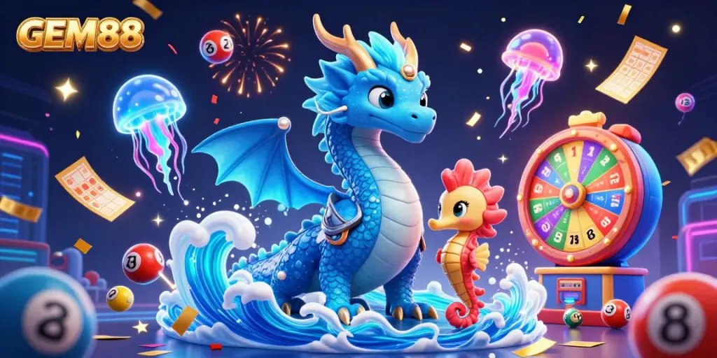 Experience the excitement of GEM88 with vibrant 3D characters and dynamic gambling elements swirling in celebration.