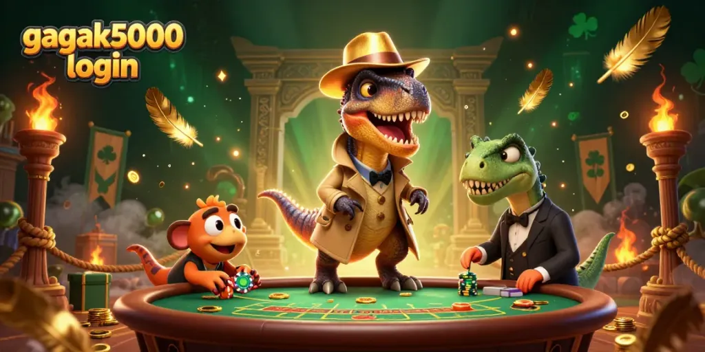 Gagak5000 login, si velociraptor dan teman-temannya di meja blackjack dengan latar belakang kasino yang megah.