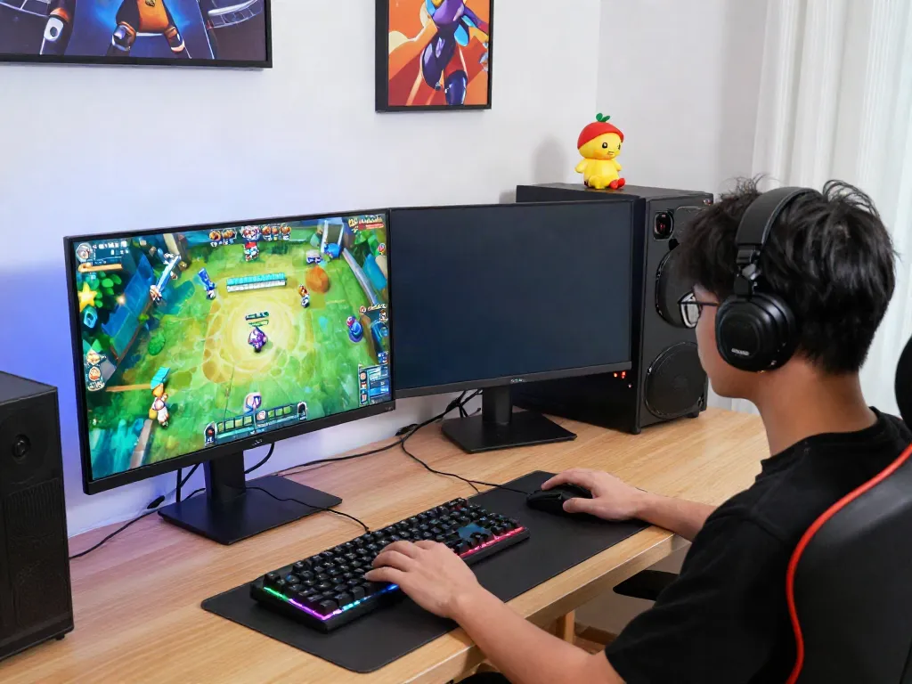 Pengalaman bermain mesinmpo Mahjong Ways 2 di sudut gaming modern dengan setup desktop canggih.