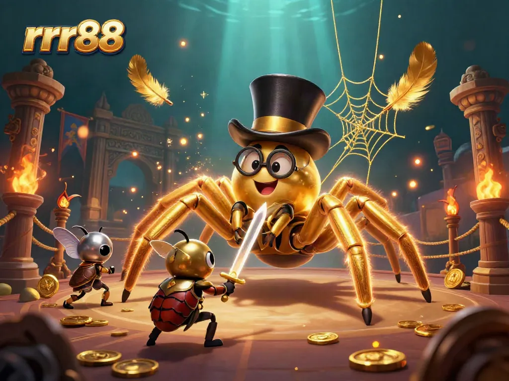 Experience thrilling games at rrr88 with a golden tarantula, a knight, and colorful casino elements.