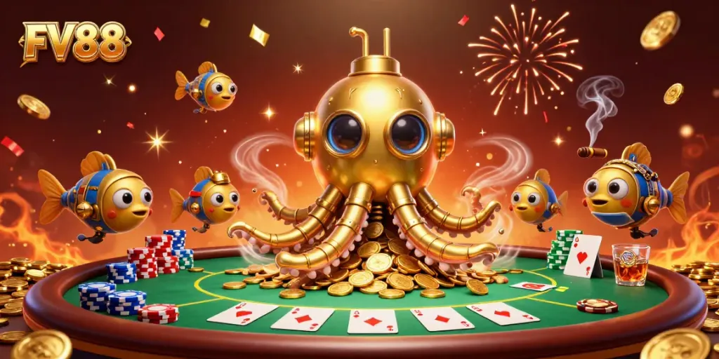 Experience the thrill of FV88 with a vibrant scene of a golden kraken submarine surfacing among poker games.