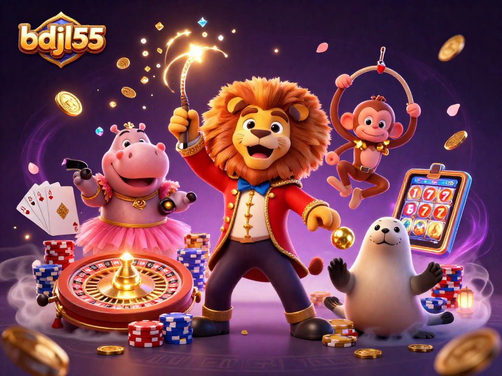 Experience the excitement at bdjl55 with a vibrant circus-themed casino scene featuring lively characters and delightful games.