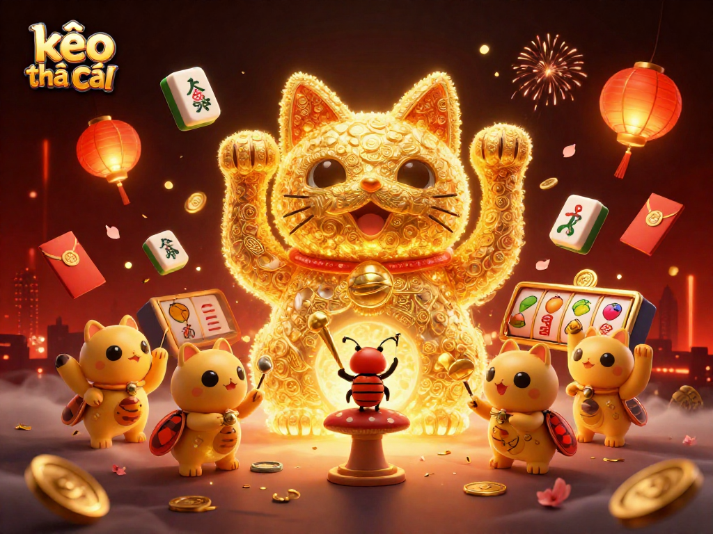 Engage with kèo nhà cái in a vibrant illustration of a lucky cat amidst floating slot symbols.