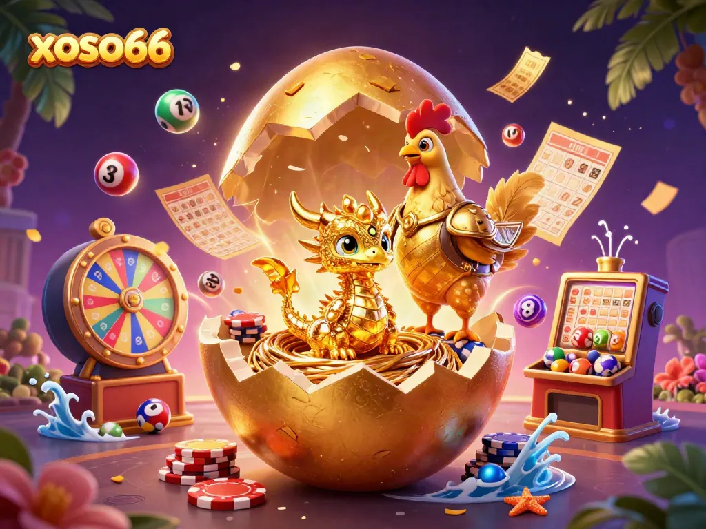 Experience excitement at xoso66 with a golden dragon and vibrant lottery elements in a rich casino scene.