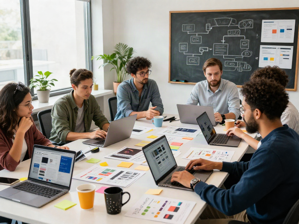 Collaboration at Sanumwebdesign: a diverse design team brainstorming in a modern workspace.