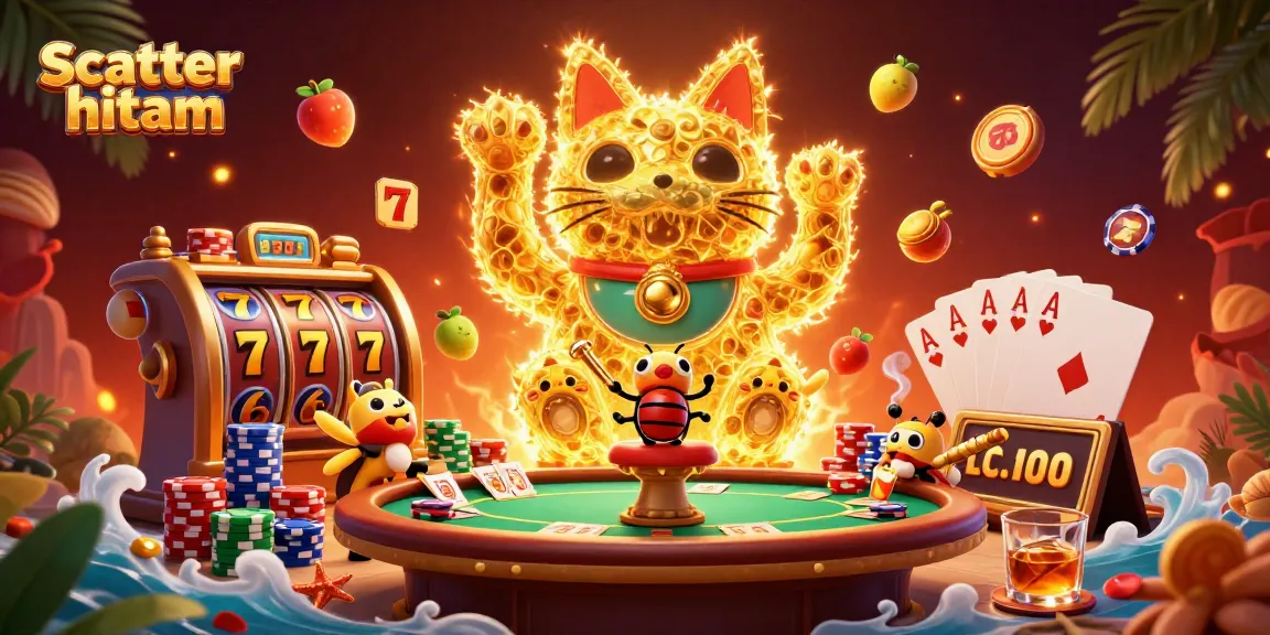 Engage with the vibrant scatter hitam scene featuring dynamic casino elements and a lucky cat.