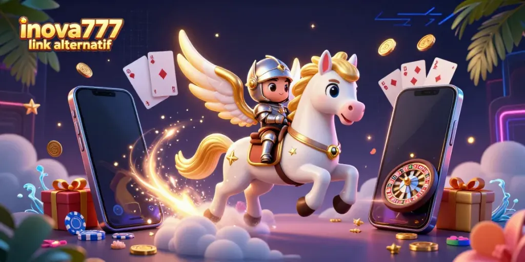 Engage with inova777 link alternatif, featuring a dynamic scene of a celestial horse and knight amidst casino games and vibrant details.