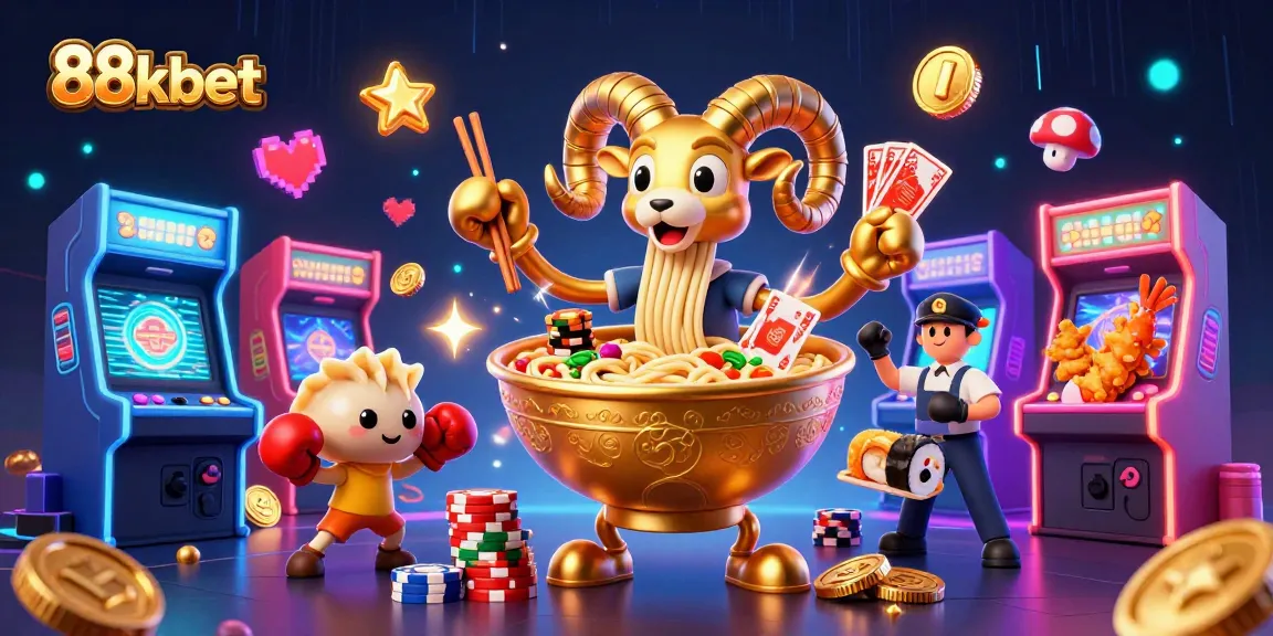 Experience thrilling games with 88kbet's vibrant casino illustration filled with fun characters.