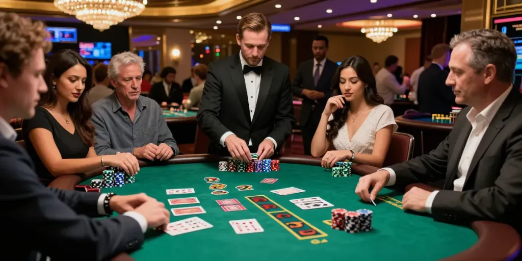 Players enjoying a game of 3 2 blackjack at a lively casino table.
