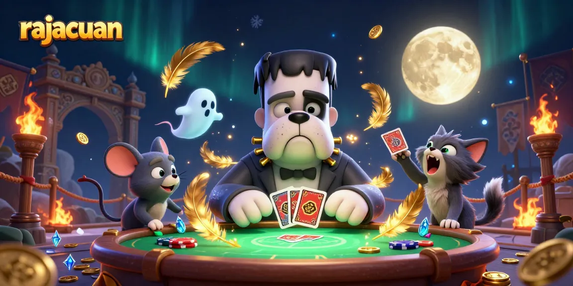 Bet on rajacuan with a Frankenstein bulldog dealer at a thrilling casino table filled with action.