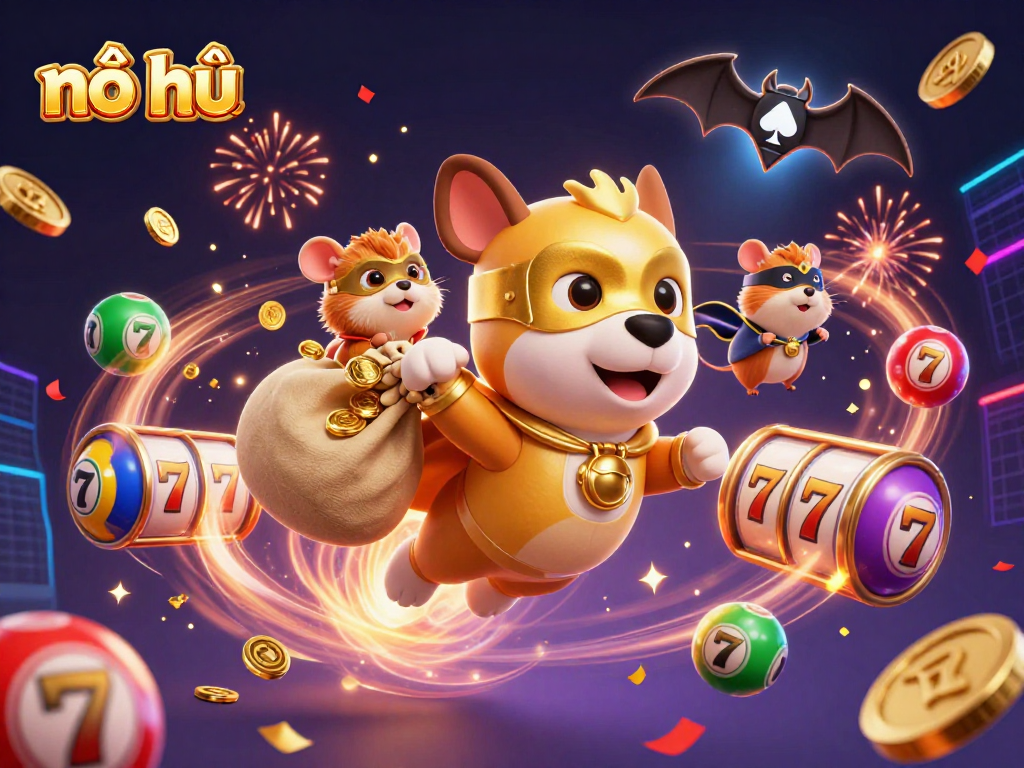 Experience thrilling nổ hũ gameplay with a superhero dog and colorful elements in this dynamic casino illustration.