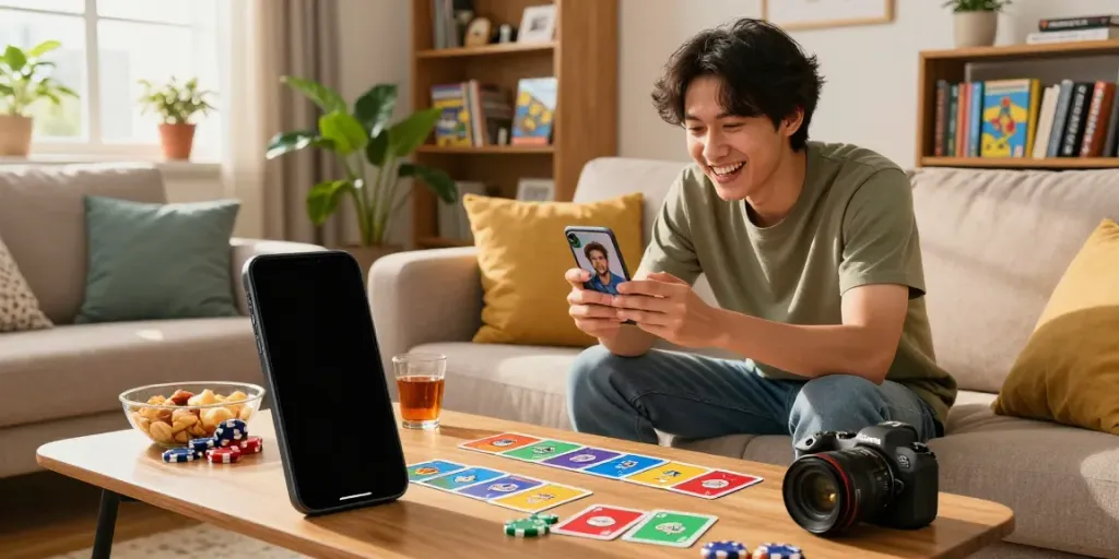 Excited player enjoying the Rumble Rummy app on a smartphone with colorful game elements in a cozy living room.