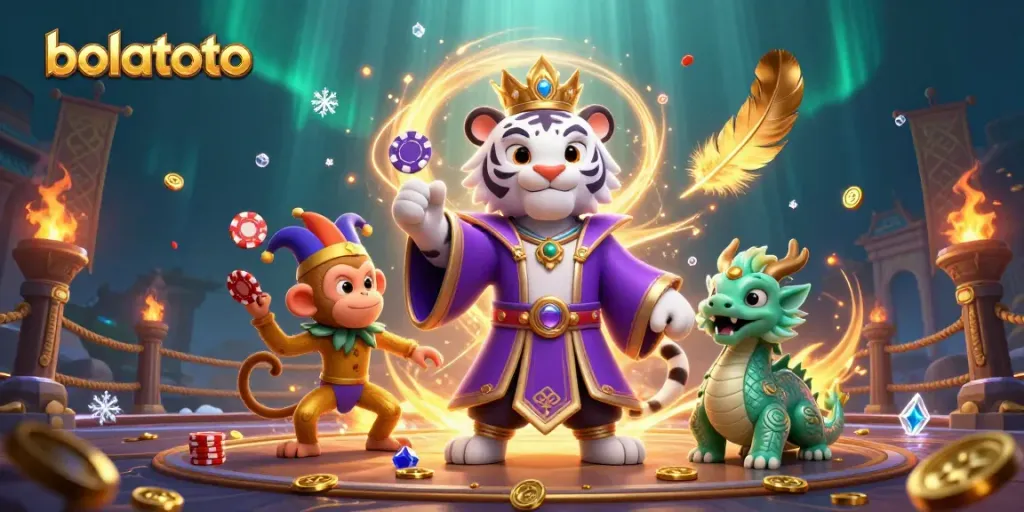 Engage in bolatoto gaming excitement with tiger, monkey, and dragon in a vibrant casino scene.