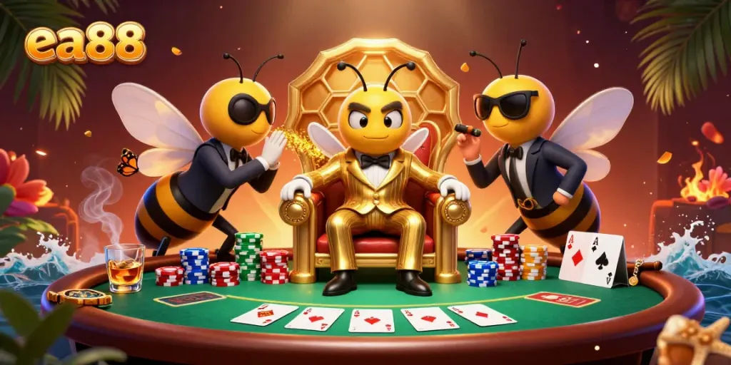 ea88 themed casino illustration with a bumblebee mob boss surrounded by playing cards and poker chips