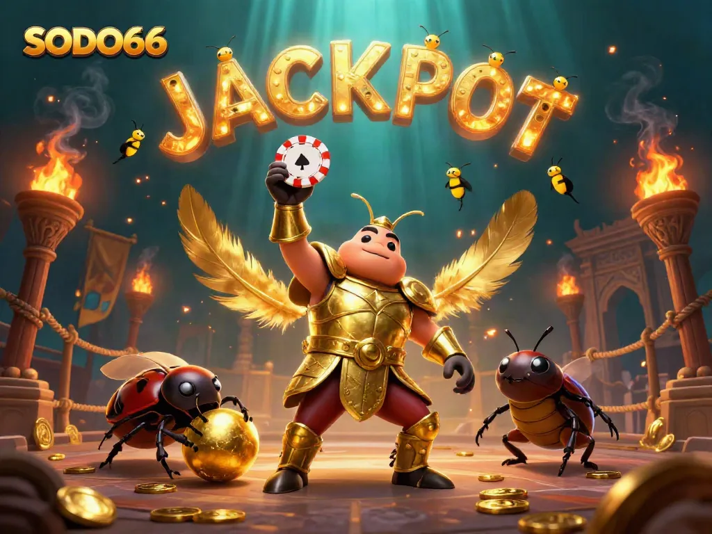 SODO66's herculean beetle celebrates a big win, surrounded by captivating casino elements.