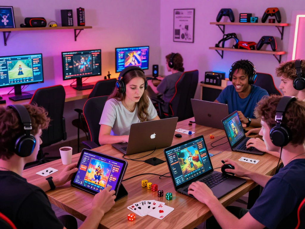Players enjoying their favorite games like 51game on multiple devices in a vibrant gaming lounge.