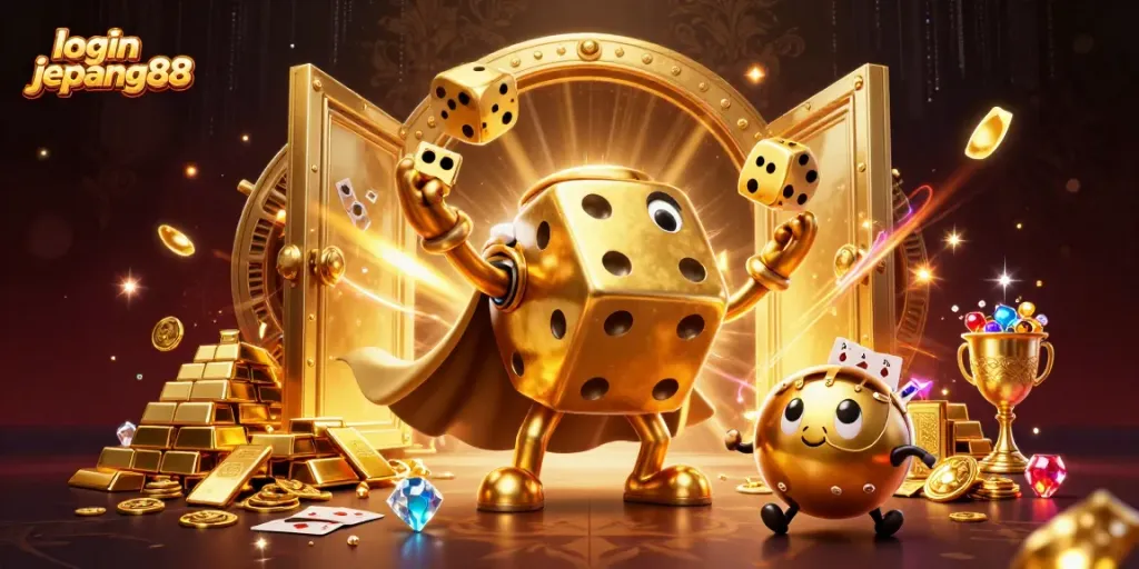 Engage with login jepang88 through a vibrant scene of a golden dice golem and games.