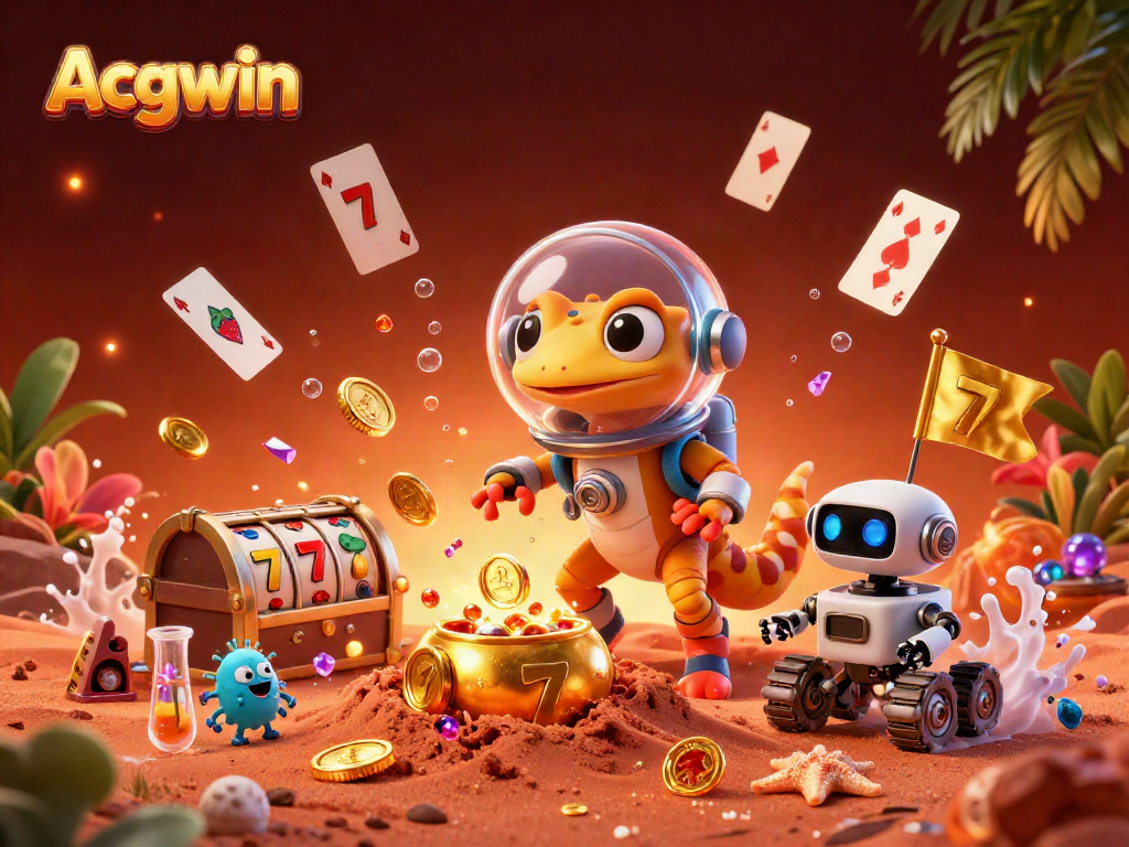 Spin to win with Acgwin at a vibrant golden casino, filled with slots and treasures.