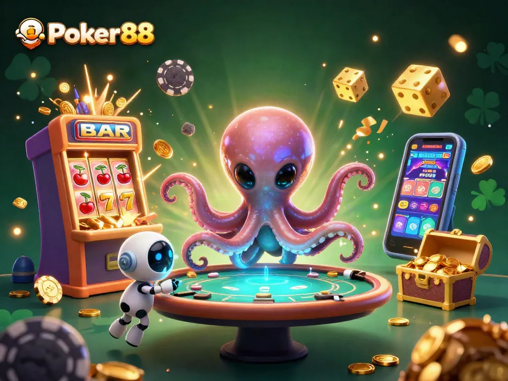 Engage in exciting poker action at Poker88 with a vibrant 3D alien octopus illustration.