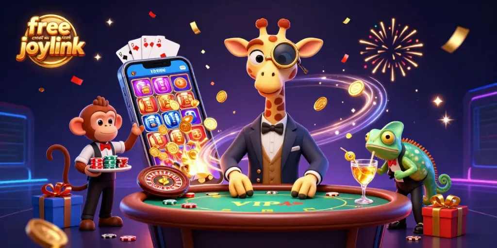 Experience free credit no deposit joylink with a vibrant 3D casino scene featuring a giraffe and friends.