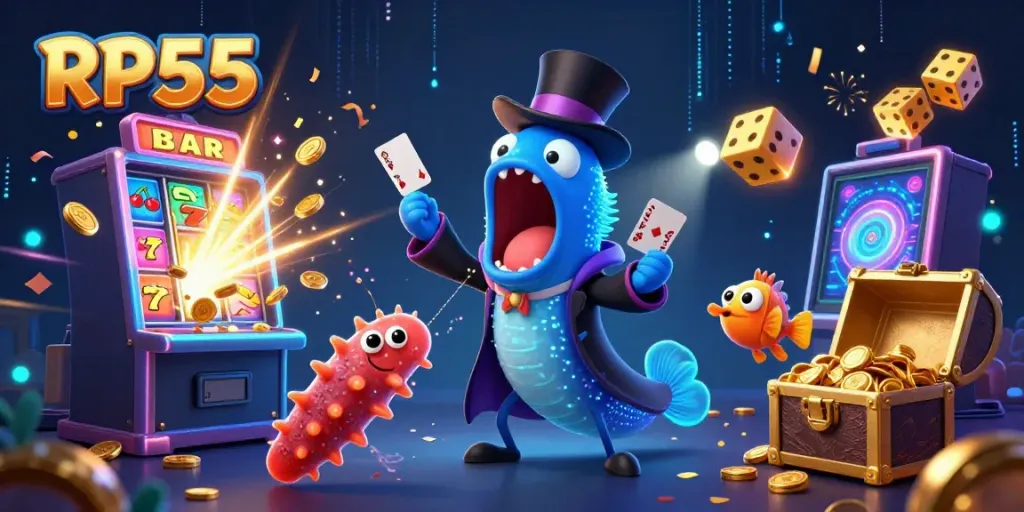 Win big with RP55 in a vibrant underwater casino scene featuring quirky sea creatures.
