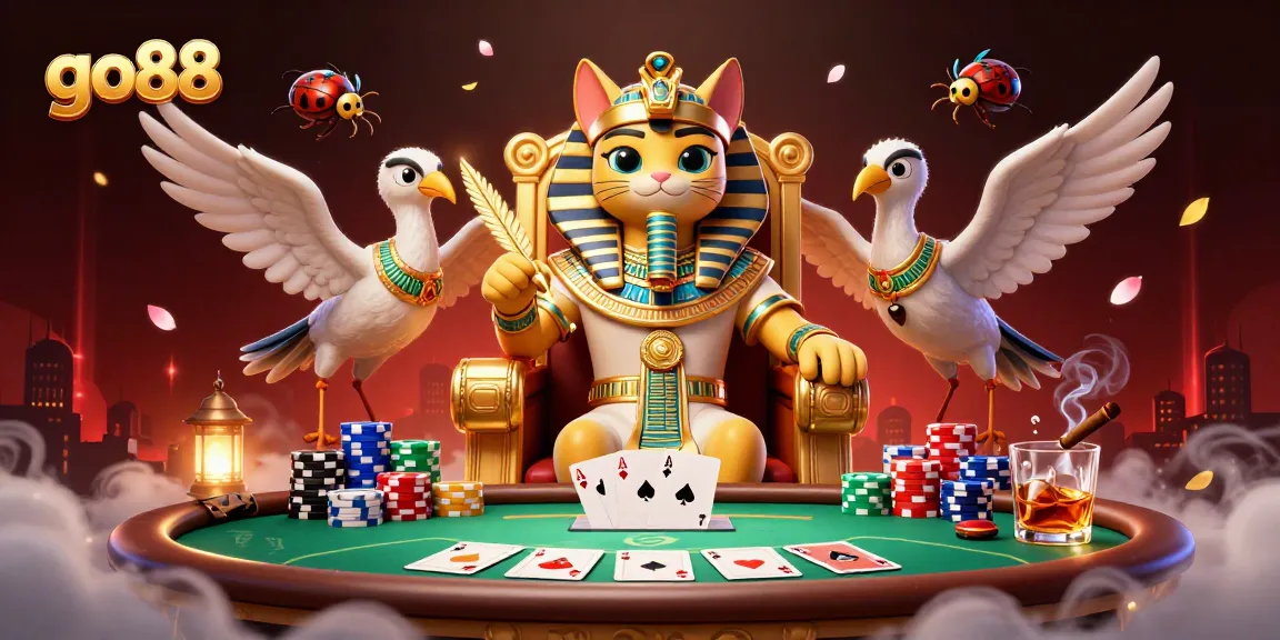 Engage with winning strategies at go88 while enjoying poker with a pharaoh cat and colorful chips.