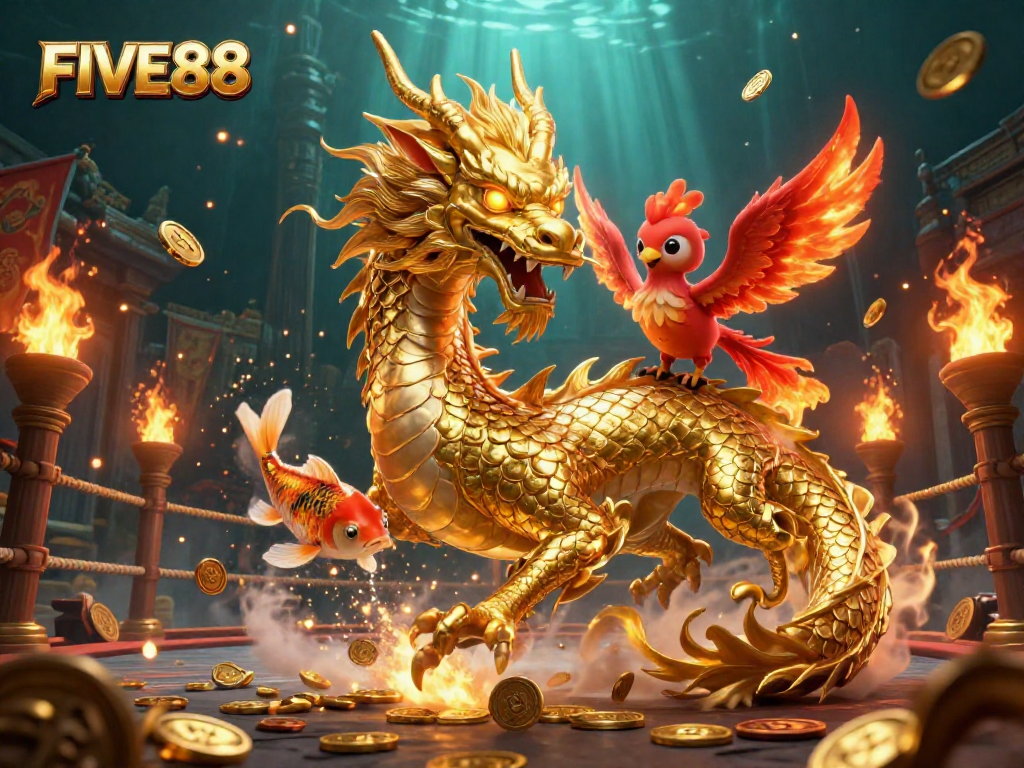 Engage with thrilling FIVE88 gameplay featuring a golden dragon, phoenix, and koi fish among coins.