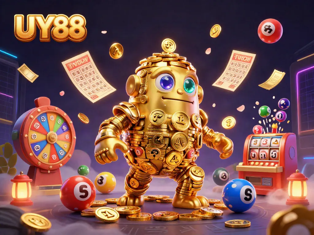 Engage with UY88 in a vibrant 3D casino world, featuring gold coin golem and lottery gameplay elements.