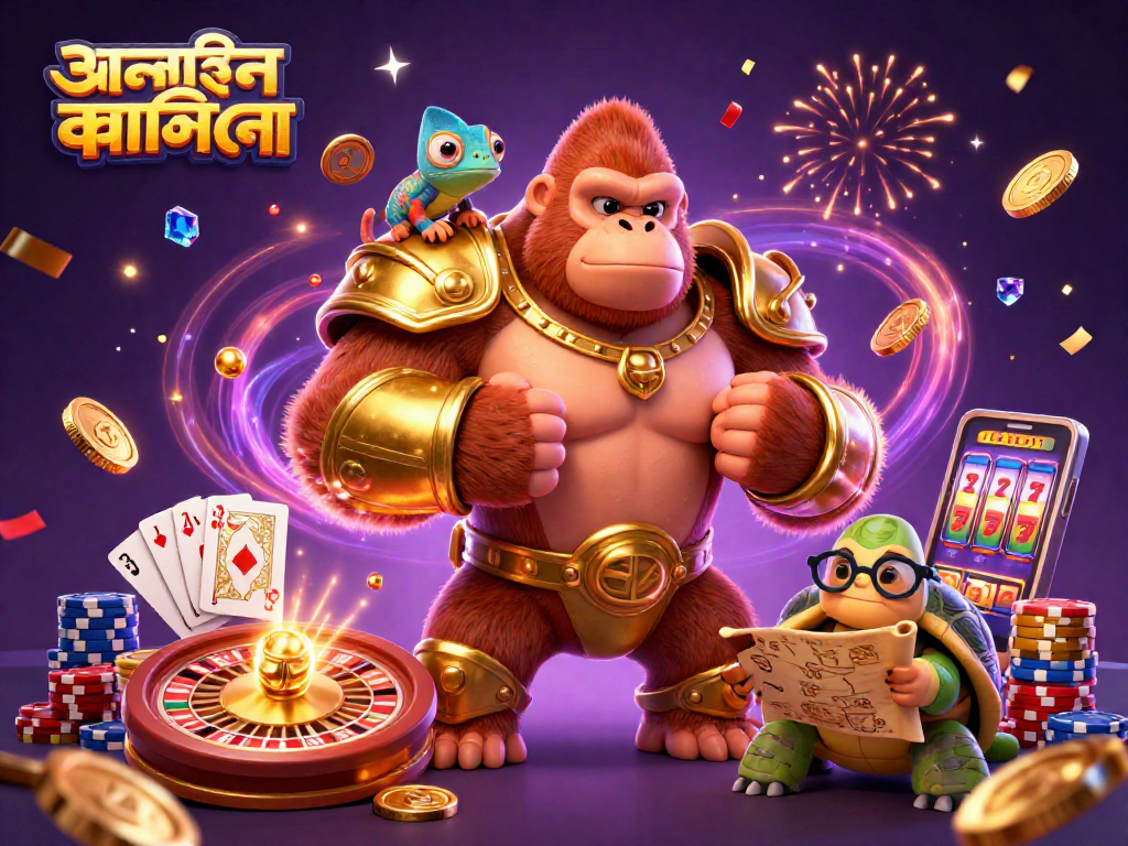অনলাইন ক্যাসিনো নিয়ে উত্তেজনাপূর্ণ মুহূর্তে সোনালী কয়েন, রুletের চাকা এবং পাকা গেমিং উপাদানের সাথে