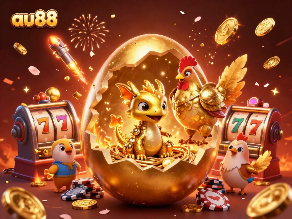 Experience the excitement of au88 with a vibrant golden dragon and poker-themed celebration.