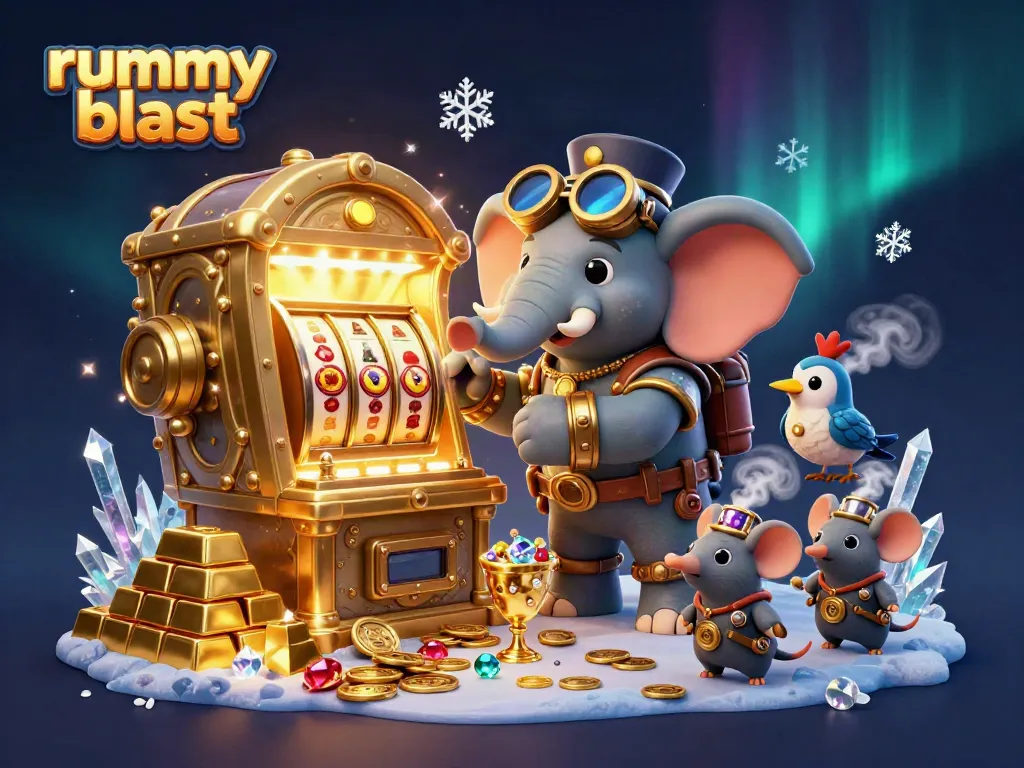 Engage with the thrilling rummy blast experience featuring steampunk characters and golden treasures in a captivating casino art.