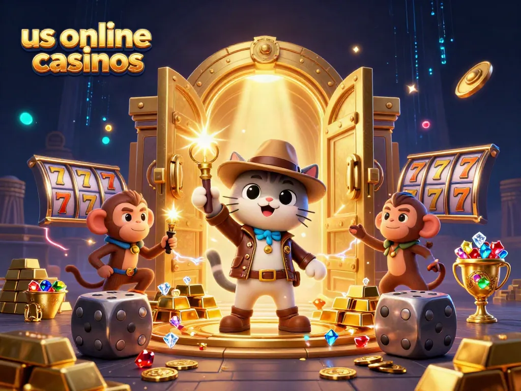 Exciting scene showcasing us online casinos with a cat explorer and monkey in a treasure temple.