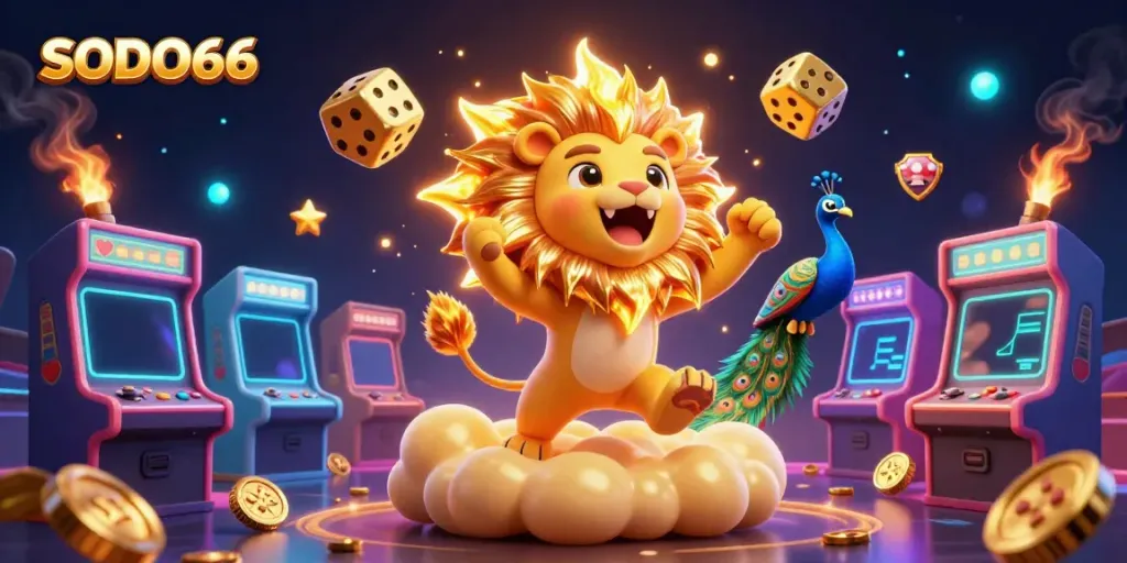 Engage with SODO66 in a vibrant 3D casino scene showcasing gaming excitement and luck.