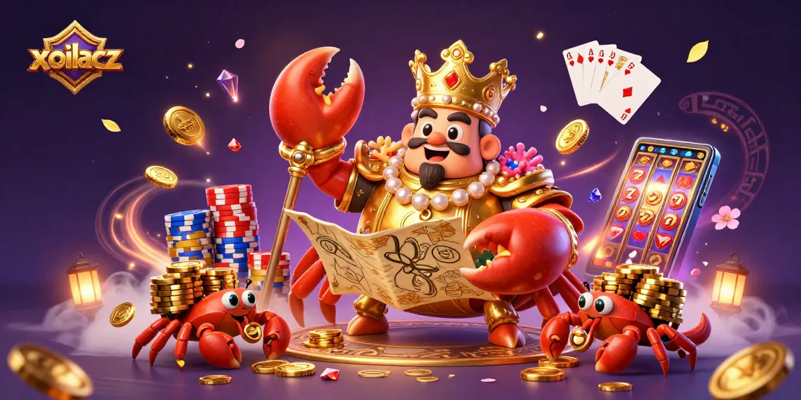 Xoilacz showcases a golden crab emperor in a dynamic casino scene with chips, coins, and vibrant games elements.