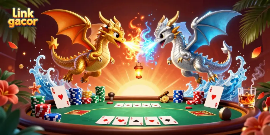 Immerse in the world of link gacor, showcasing twin dragons and vibrant casino elements in a dynamic scene.