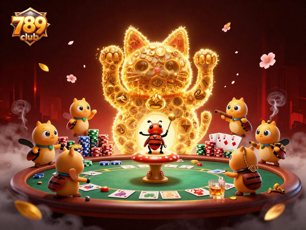 Engage with the dynamic atmosphere of 789club, featuring a lucky cat surrounded by vibrant casino elements.