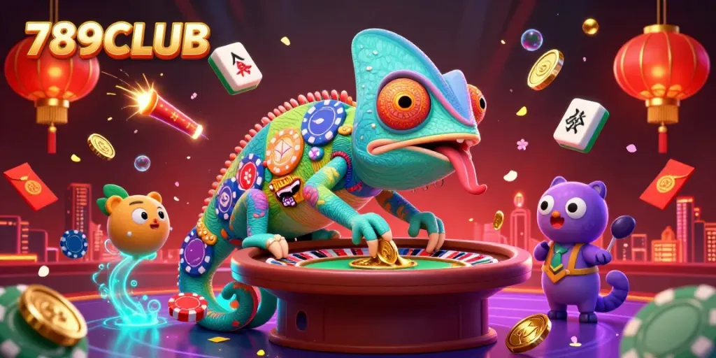 Engaging 3D illustration showcasing 789CLUB with a vibrant chameleon casino owner and dynamic gambling elements.