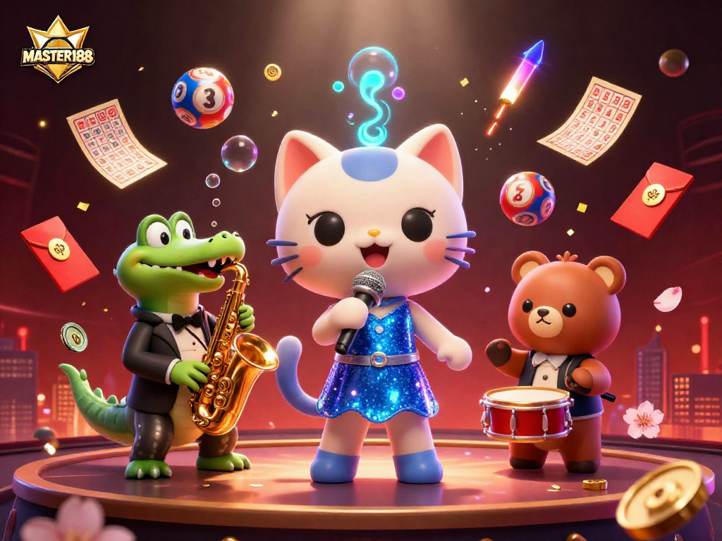 Win big with MASTER188: vibrant lottery scene featuring 3D cartoon characters celebrating