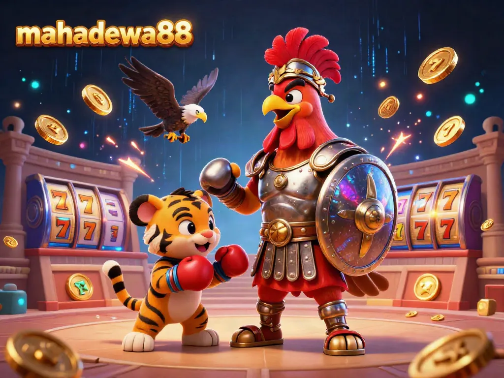 Engage with mahadewa88's thrilling slot gaming experience featuring a gladiator rooster and vibrant 3D elements.