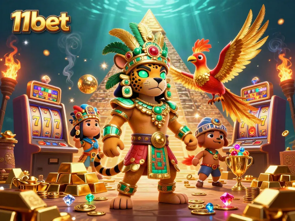 Engage with thrilling slots at 11bet featuring Mayan-themed characters and dazzling gold.