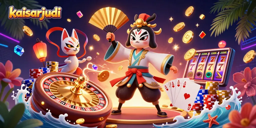Kaisarjudi showcases a lively casino scene with a kabuki warrior crane and slots, capturing the thrill of betting action.