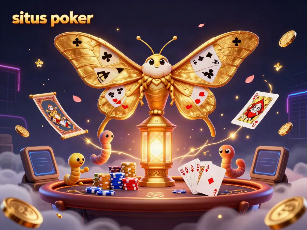 Situs poker yang menampilkan kupu-kupu 3D berwarna emas dan malam berbinar di latar belakang.
