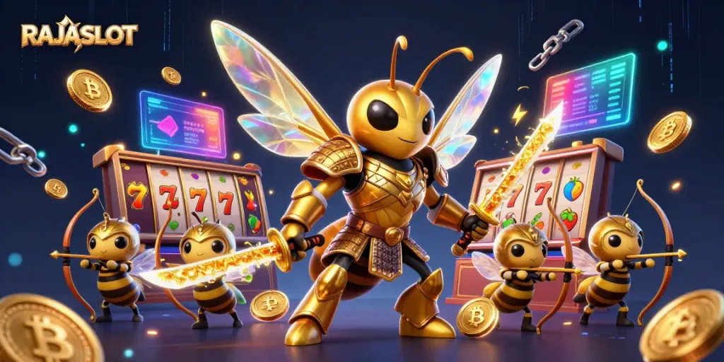RAJASLOT menampilkan hornet emas raksasa dalam armor samurai, dikelilingi simbol slot dan koin crypto.