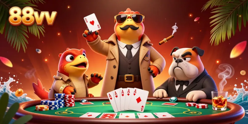 Experience the vibrant casino world with 88vv through 3D raptors in disguise at a poker table.