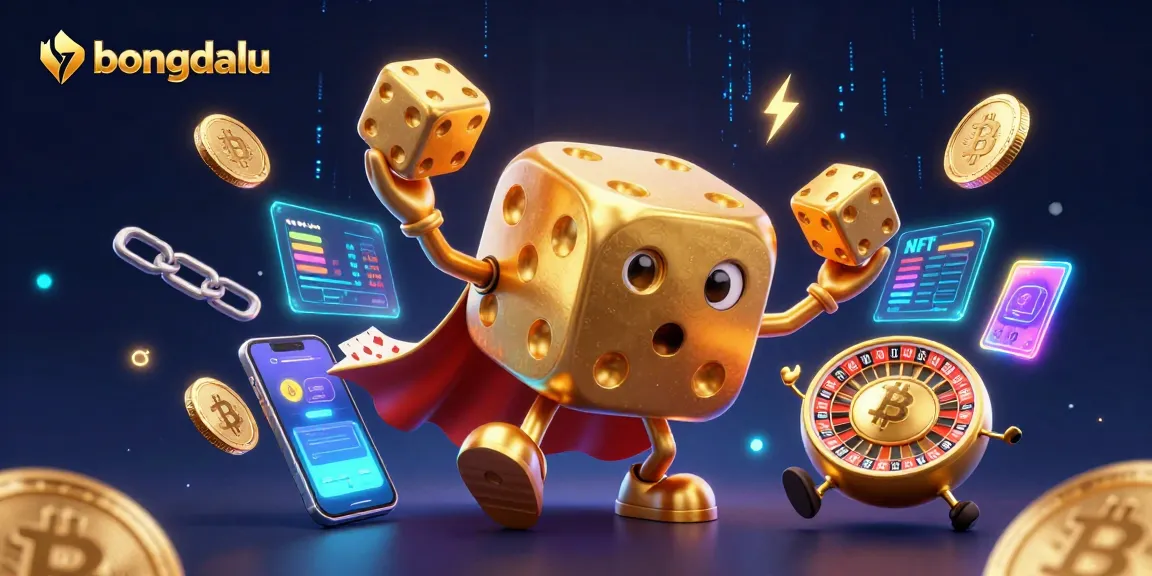 Bongdalu showcases an energetic scene with a golden dice golem and crypto coins, highlighting exciting sports betting.