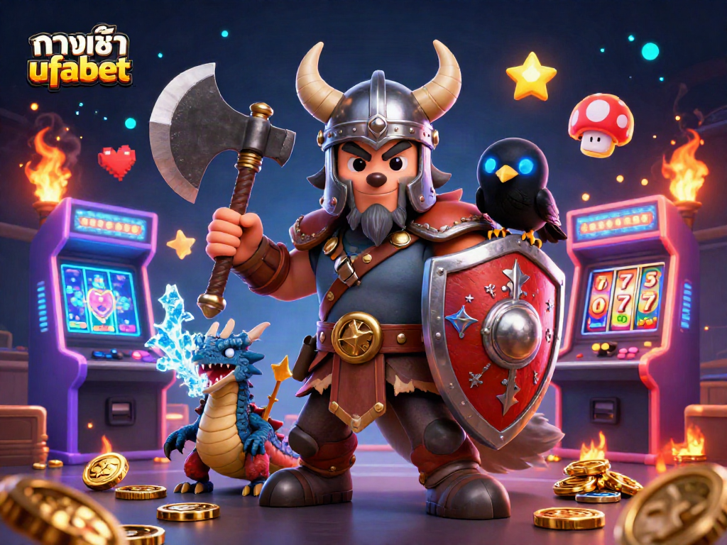 Engage with ทางเข้า ufabet through this detailed illustration featuring a Viking warrior, dragon, and arcade games.