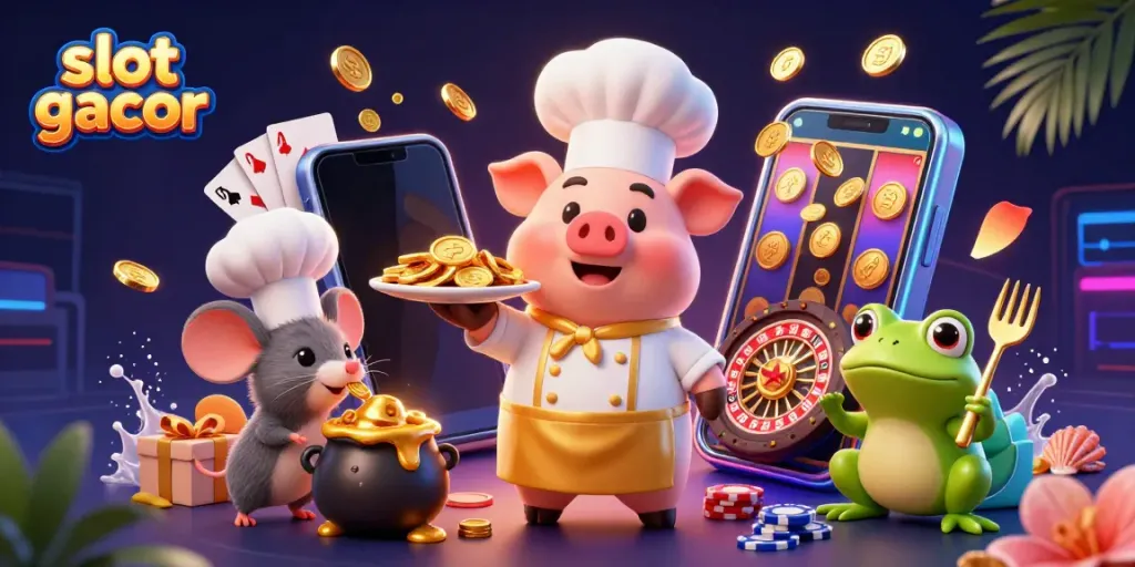 Experience the glamour of slot gacor with fortune and fun in this vibrant 3D illustration featuring characters and casino elements.